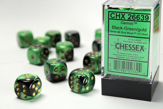 Chessex - Gemini Black-Green/Gold 16mm 12d6